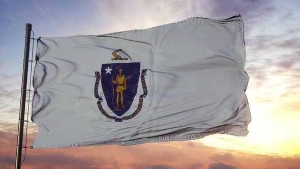 Flag of Massachusetts Waving in the Wind Against Deep Beautiful Sky at Sunset alt