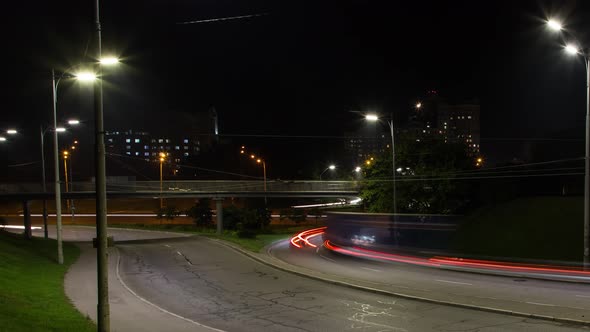 The Movement Of Cars On The City Road, Car Lights, Night, Transport, Time Lapse
