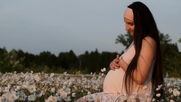 Young Beautiful Pregnant Woman Sitting in a Flower Field Stroking Her Belly and Smiling at Sunset.