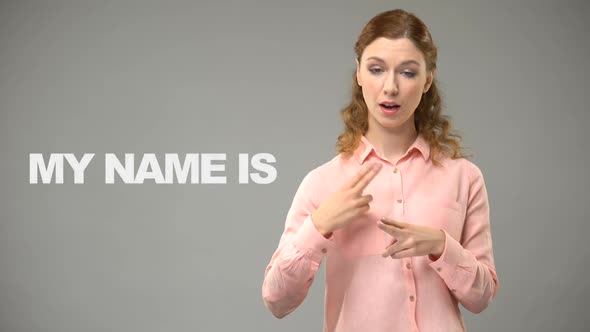 Deaf Lady Saying Nice to Meet You in Sign Language Text on Background Deaf alt