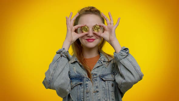 Pretty Rich Stylish Teen Girl Fooling Showing Golden Bitcoins Cryptocurrency Investment Mining alt