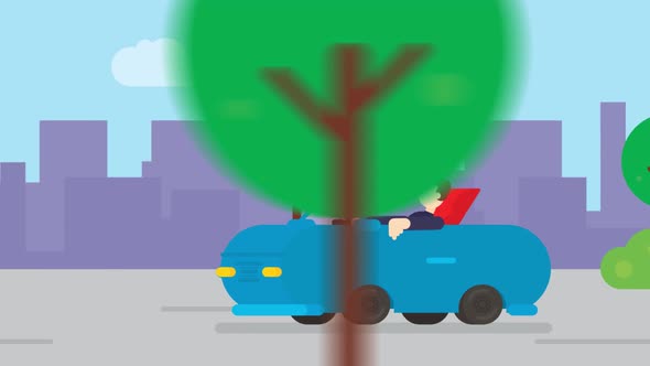 Flat Cartoon animation a man driving a car on road.