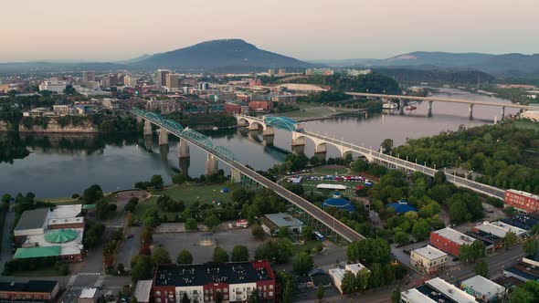 Sunrise comes to Lookout Mountain standing behind Downtown Chattanooga Tennessee