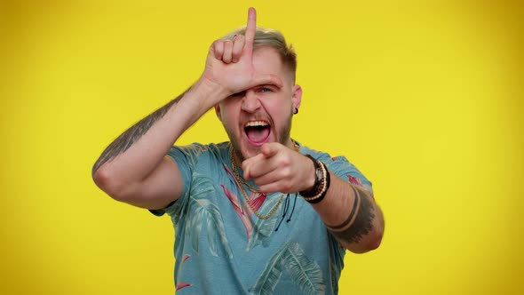 Man Tourist Showing Loser Gesture and Pointing on you Blaming Accusing for Unsuccess Bullying Abuse alt