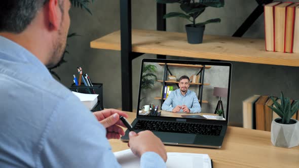 Businessman at Home Office Tells Top Manager Company Online Video Call Laptop alt