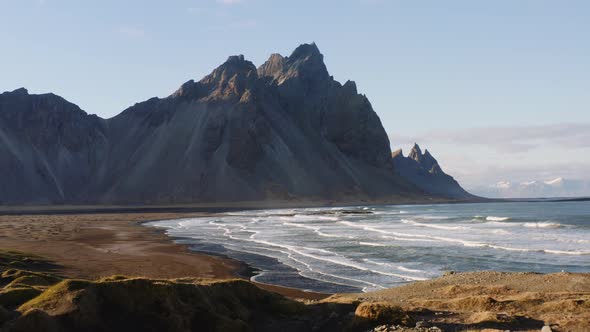 Drone Above Sand Beach With Vestrahorn Mountain alt