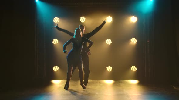 Young Couple of Ballroom Dancers Dancing Passionate Latin American Dance Cha Cha Cha. Silhouettes alt