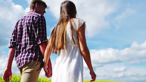 Romantic couple holding hands while walking in field alt