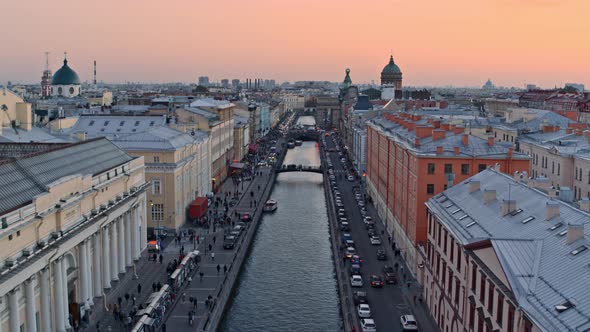 Griboyedov canal with bridges and boats. St. Petersburg city center.