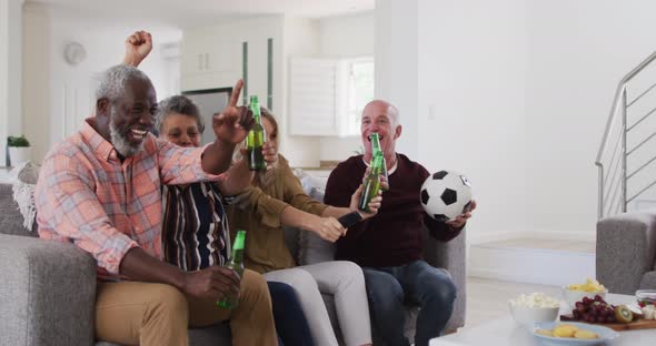 Two diverse senior couples sitting on a couch watching a game drinking beer cheering alt