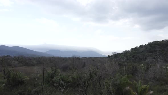 Burnt Pantanal after fire with a mountain range in the background - drone flying alt