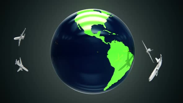 Conceptual animation of airplanes flying around the whole globe. Loopable. HD
