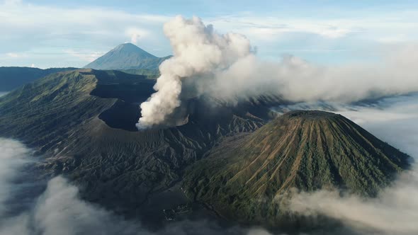 Aerial Shot of Mountain Bromo Active Volcano Crater in East Java Indonesia alt