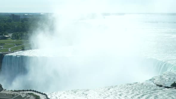 Medium timelapse shot of mist rising over the Horseshoe Falls section of Niagara Falls. alt