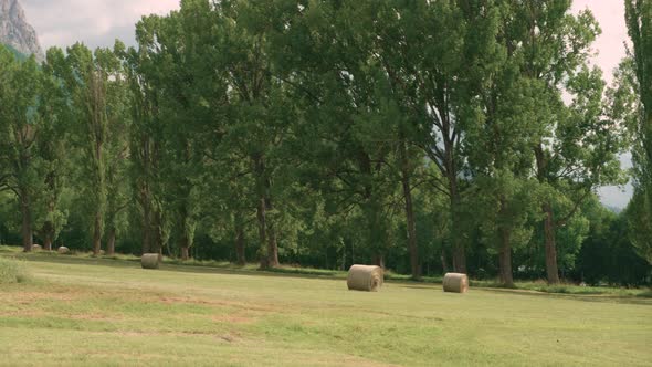 Panning left from large bales of hay on a farm to the mountain peaks above Barcelonnette, France. alt