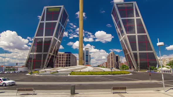 KIO Towers or Gateway of Europe Timelapse From Plaza De Castilla in Madrid Spain alt