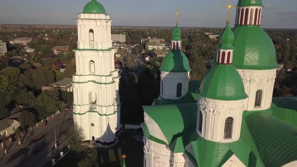Aerail view to Cathedral Nativity Blessed Virgin in Kozelets, Chernihiv region, Ukraine alt