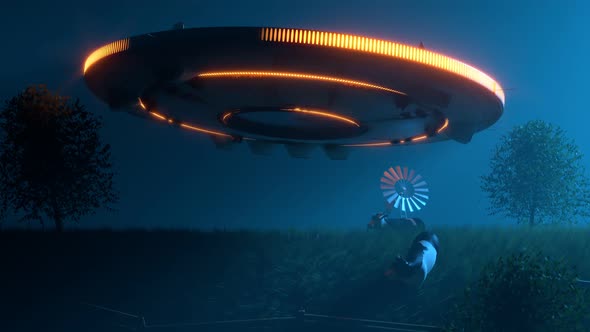 Flying saucer with glowing lights abducting cows from a grassy meadow. alt
