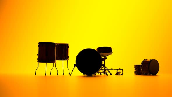 Setting up a drum kit on a yellow background timelapse. Instrument silhouettes. alt