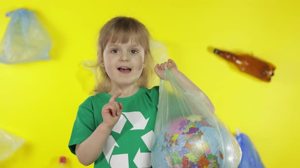 Girl Activist with Earth Globe in Plastic Package. Reduce Trash Pollution. Save Ecology Environment alt