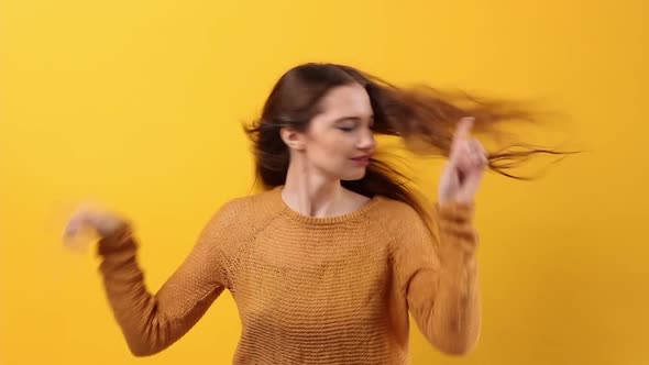 Young Beautiful Woman Caucasian Ethnicity Yellow Sweater Dancing Studio alt