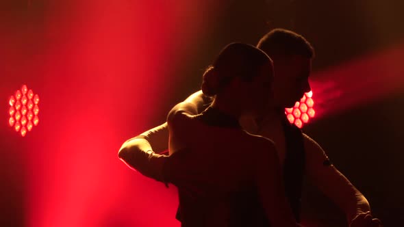 Graceful Argentine Tango Among Smoke and Bright Red Neon Lights in a Dark Studio alt