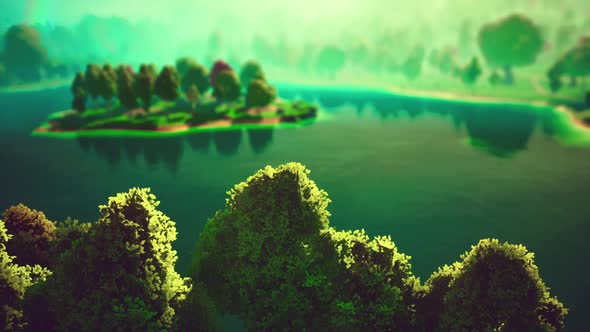 Cartoon Green Forest Landscape with Trees and Lake alt