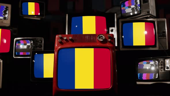 Flag of Romania on Retro TVs. 4K.