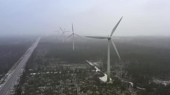 Closer Aerial Shot of Wind Generators in Finland