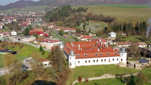Aerial view of mansion in Kluknava village at Slovakia alt