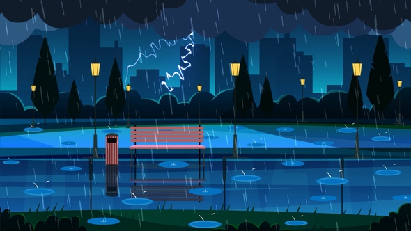 Heavy Raining in City Park with Lightening and Thunder Bolt - Horror - Cartoon Animations
