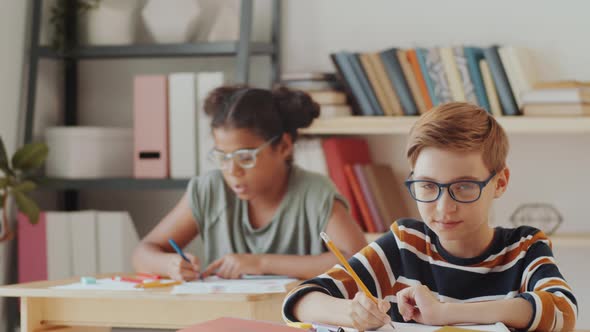 Cheerful Schoolboy Writing in Notepad and Posing for Camera at Lesson alt