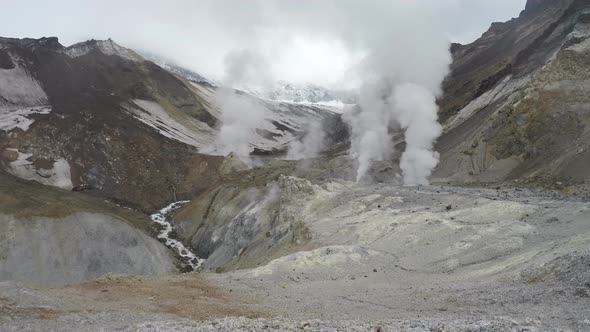 Crater of active volcano: fumarole, thermal field, hot spring