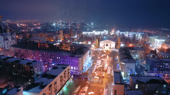 Arial View Shot Christmas Tree Festive Lights Fair Market Taken on Winter Night alt