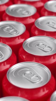 Many Red Aluminum Metal Soda Cans, Tin Can Coke Production Concept. 3d Animation Render alt