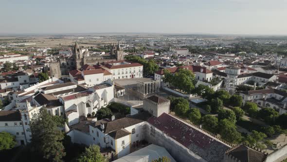 Aerial evora cityscape with Cathedral and Diana temple landmarks, Alentejo