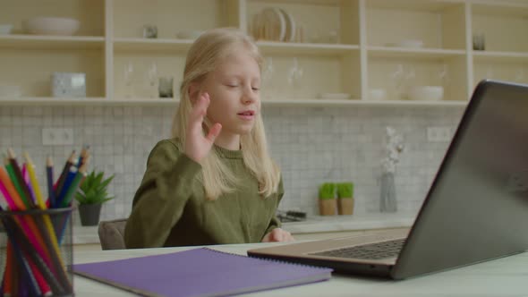 Adorable Girl with Hearing Loss Speaking with Sign Language During Video Call alt