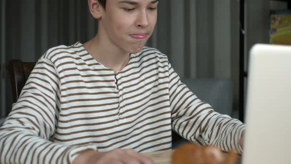 cheerful teenager surf the internet behind a laptop at home