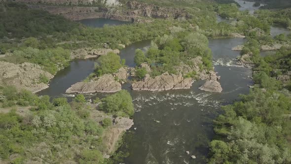 Aerial Rocky Landscape on Southern Bug River with Rapids. Ukraine alt