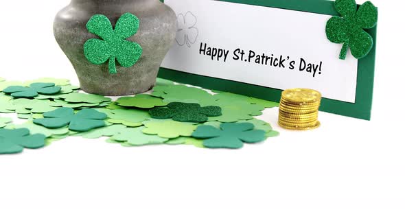 Happy St Patricks day message with leprechauns pot of gold alt