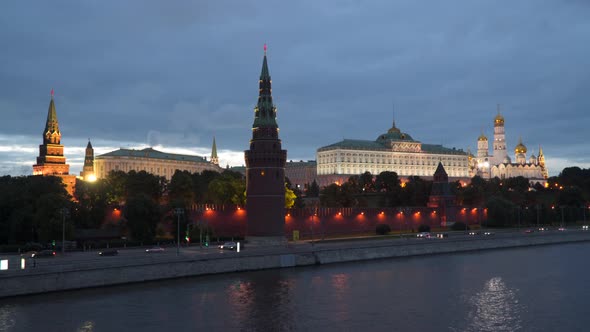 Night View of the Kremlin Embankment in Moscow, Russia