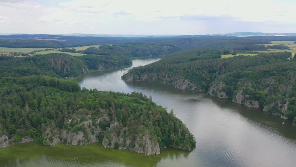 Aerial View of Confluence of Two Rivers Vltava and Otava Near Medieval Castle Zvikov, Czech Republic alt