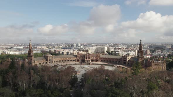 Plaza de España Landmark over Maria Luisa Park, Aerial panorama view. Seville
