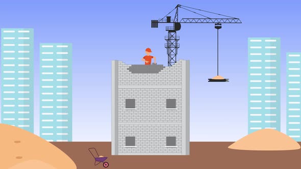 Building workers construct buildings with brick blocks and cement 4K animation