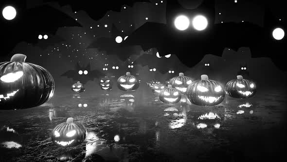 Halloween Jack Lanterns And Bats Dark Black And White Background