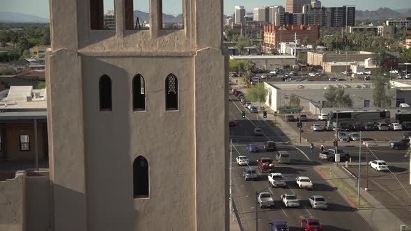 Tilt up view of the First Baptist Church's tower alt