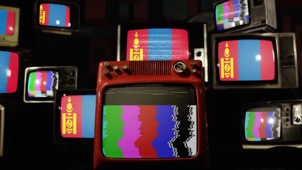 Mongolia flag on a Retro TV Wall. alt