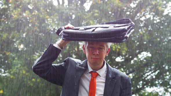 Businessman Sheltering Underneath his Bag in the Rain