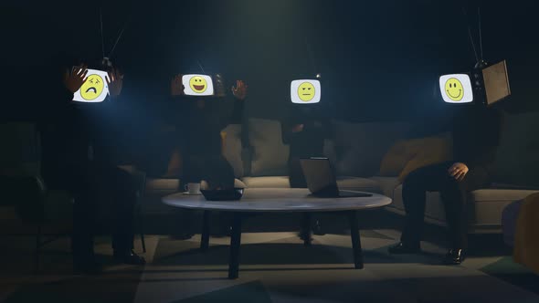 Men in a dark room with TV`s on their heads. Conformist words  on the screen. alt