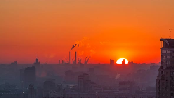 Residential Buildings Stalin Skyscrapers and Panorama of City at Sunrise Timelapse in Moscow Russia alt